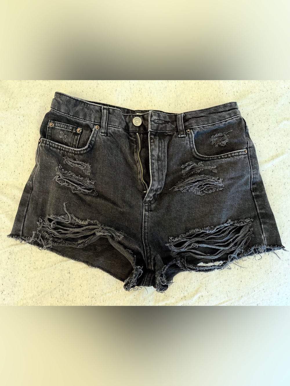 Topshop Washed/Faded Black Distressed Denim Shorts